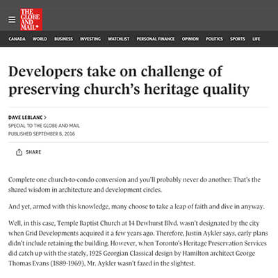 The Globe & Mail Article Featuring Sunday School Lofts Heritage Exterior