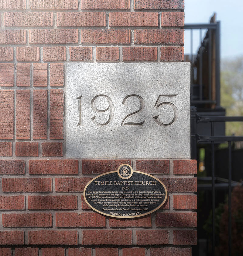 Sunday School Lofts Exterior Showing Close Up of Cornerstone and Historical Plaque